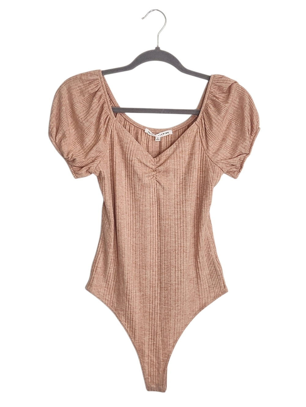 Celebrity Dusty Pink Ribbed Puffy Sleeve Bodysuit Size Medium